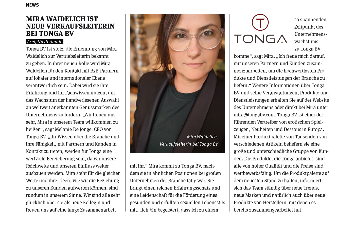2023-05 Sign DE - Mira Waidelich ist neue verkaufsleiterin bei Tonga BV